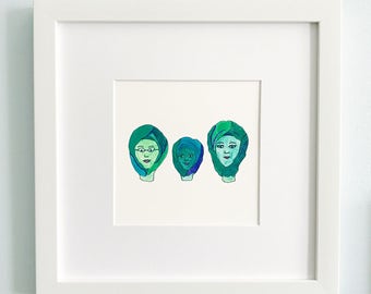 Pode incluir: Uma ilustração emoldurada de três rostos com cabelo verde e azul. Os rostos são desenhados em um estilo simples com contornos pretos.