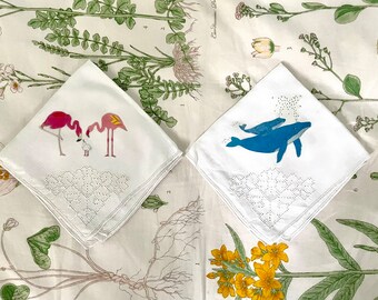 Conjunto de DOIS pequenos guardanapos vintage para jantar/coquetel/lenço com ilustrações caprichosas de animais