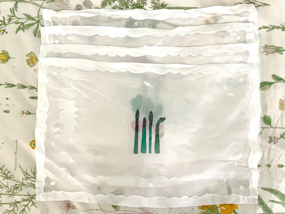 Set of Four Gorgeous White Vintage Madeira Linen Placemats with Whimsical Vegetable Illustrations