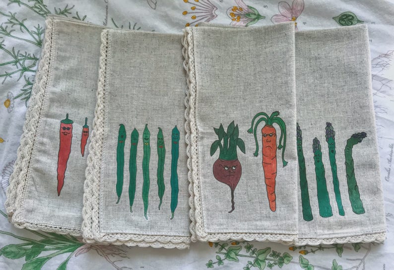 Whimsical Vegetable Hemp Napkin Set of Four