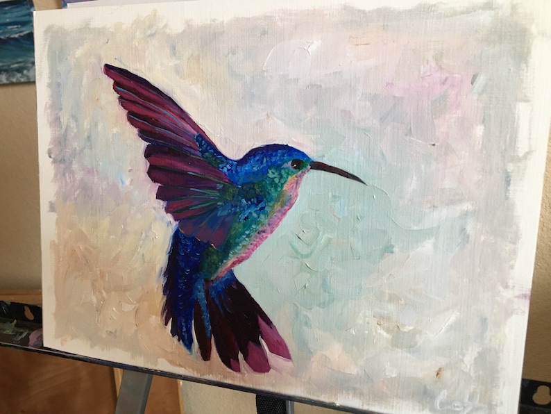 9x12in Impressionist hummingbird oil painting on paper