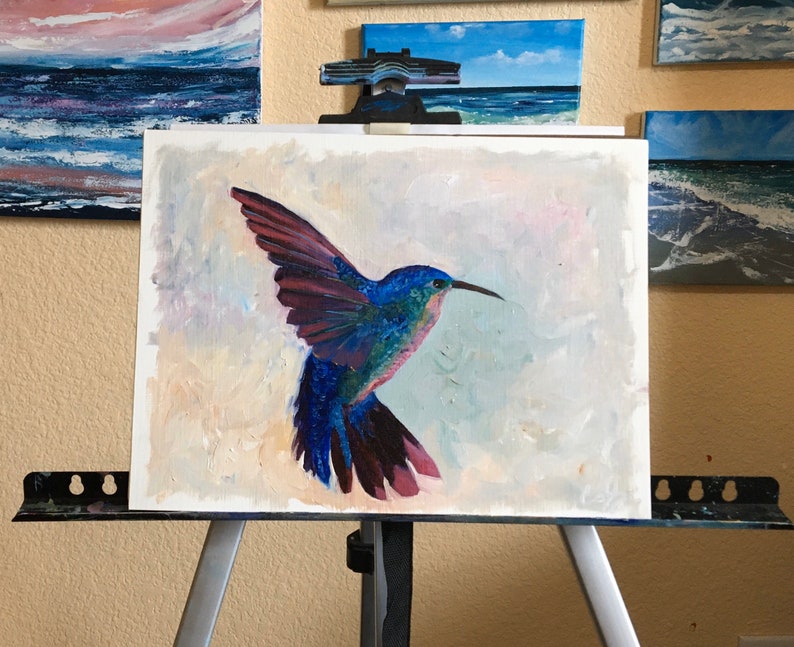 9x12in Impressionist hummingbird oil painting on paper