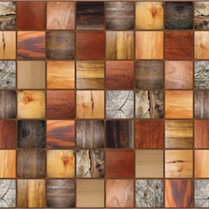 May include: A wood mosaic tile pattern with a variety of wood grains and colors. The tiles are arranged in a grid pattern.
