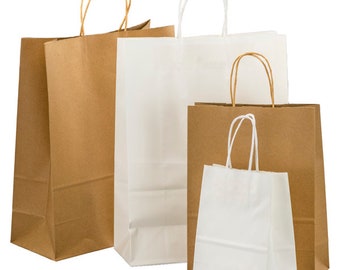 Brown White Paper carrier bags twisted handles Kraft Bags Eco Bags packs of 50