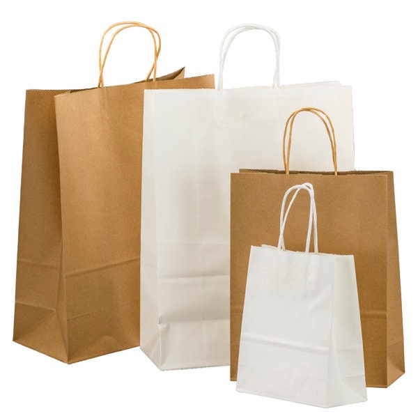 Brown White Paper carrier bags twisted handles Kraft Bags Eco Bags packs of 50