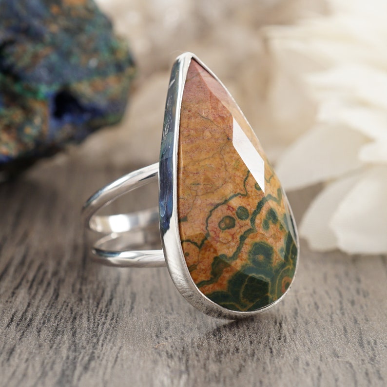 Unique Tan and Forest Green Stone Large Statement Ring Size 8 34 Faceted Ocean Jasper Teardrop Sterling Silver Ring with Split Shank