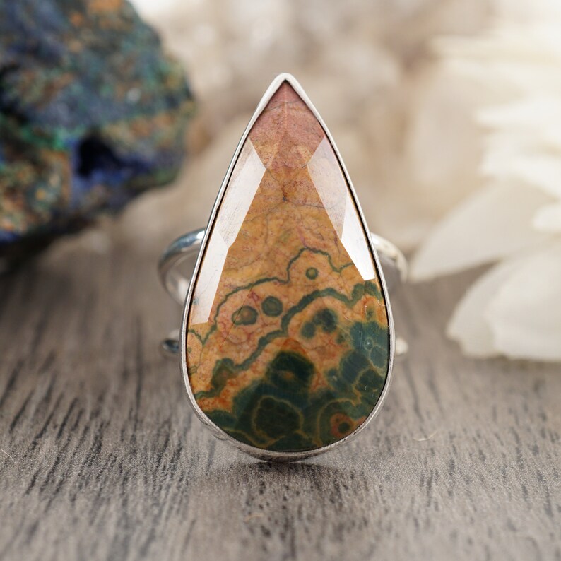 Unique Tan and Forest Green Stone Large Statement Ring Size 8 34 Faceted Ocean Jasper Teardrop Sterling Silver Ring with Split Shank