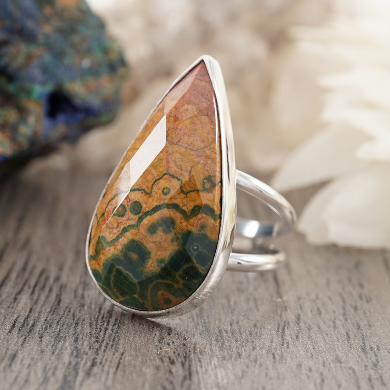 Unique Tan and Forest Green Stone Large Statement Ring Size 8 34 Faceted Ocean Jasper Teardrop Sterling Silver Ring with Split Shank
