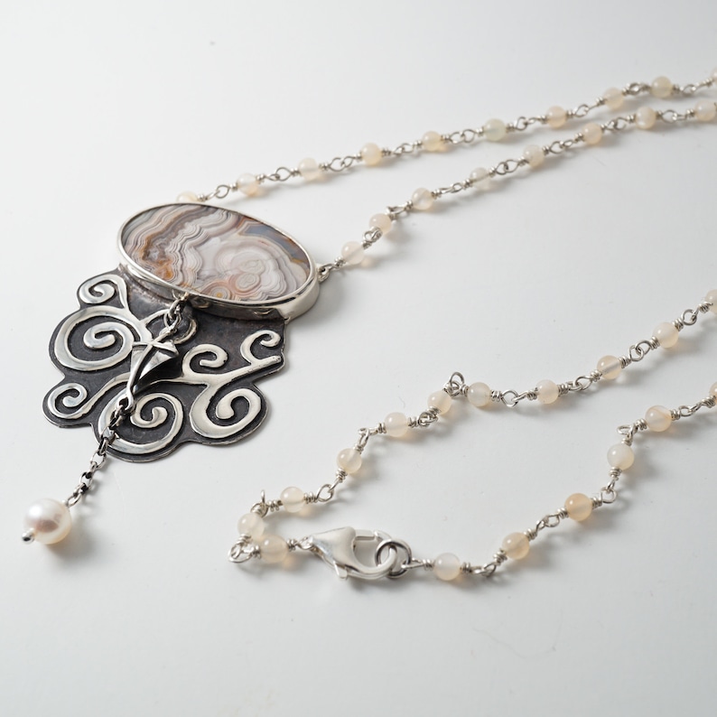 One of a Kind Crazy Lace Agate and Pearl pendant on Peach Moonstone and Sterling Silver Beaded Chain Windy Day Necklace with Kite