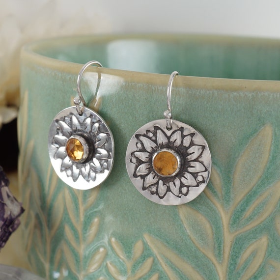 Sunflower Earrings In Stering Silver With Citrine