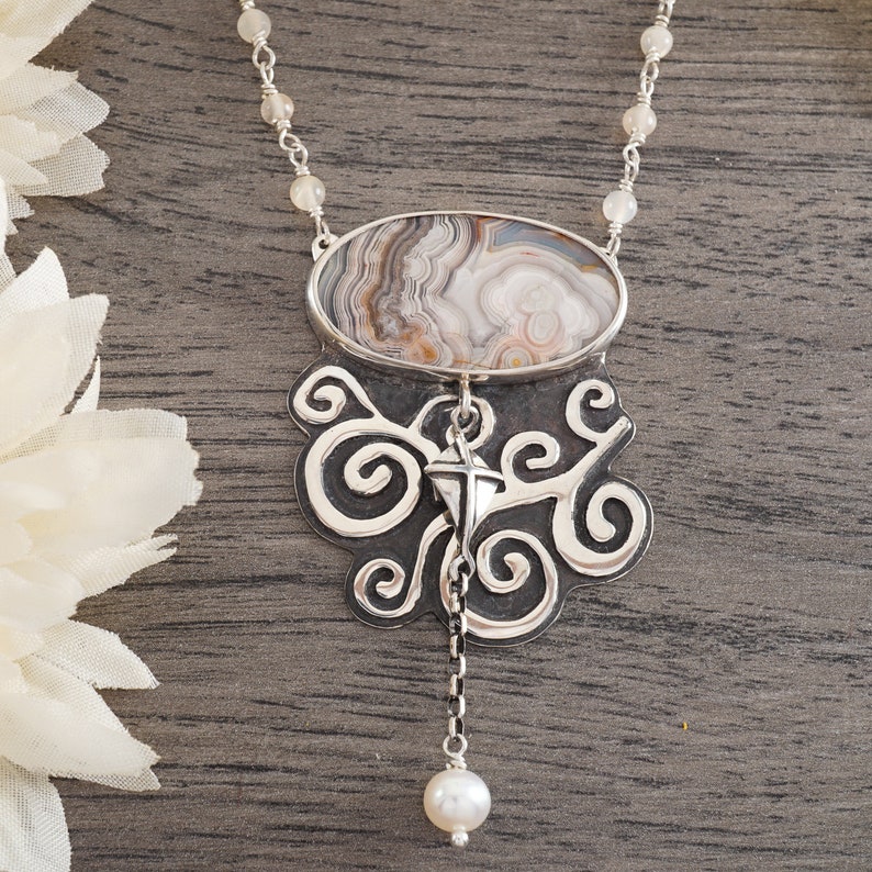 One of a Kind Crazy Lace Agate and Pearl pendant on Peach Moonstone and Sterling Silver Beaded Chain Windy Day Necklace with Kite