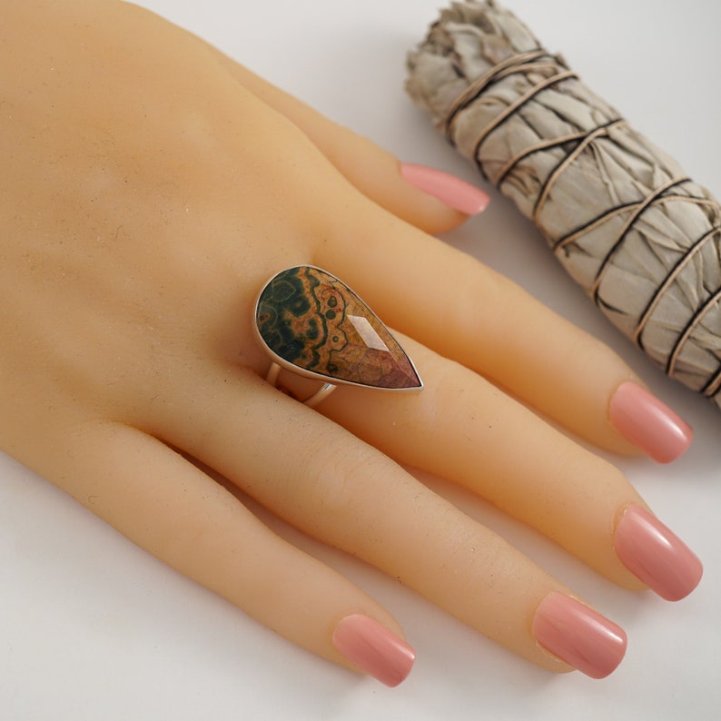 Unique Tan and Forest Green Stone Large Statement Ring Size 8 34 Faceted Ocean Jasper Teardrop Sterling Silver Ring with Split Shank