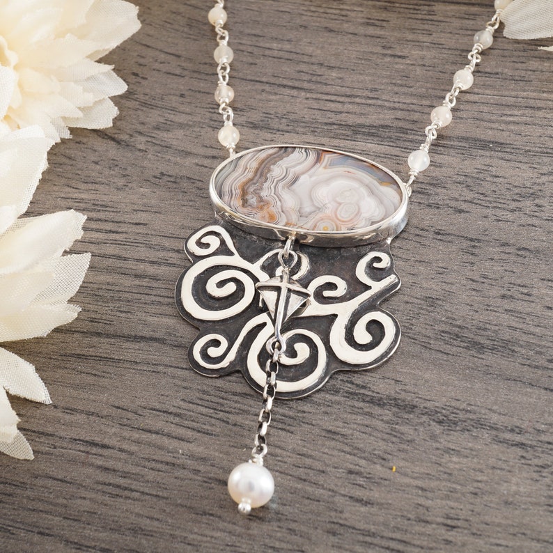 One of a Kind Crazy Lace Agate and Pearl pendant on Peach Moonstone and Sterling Silver Beaded Chain Windy Day Necklace with Kite