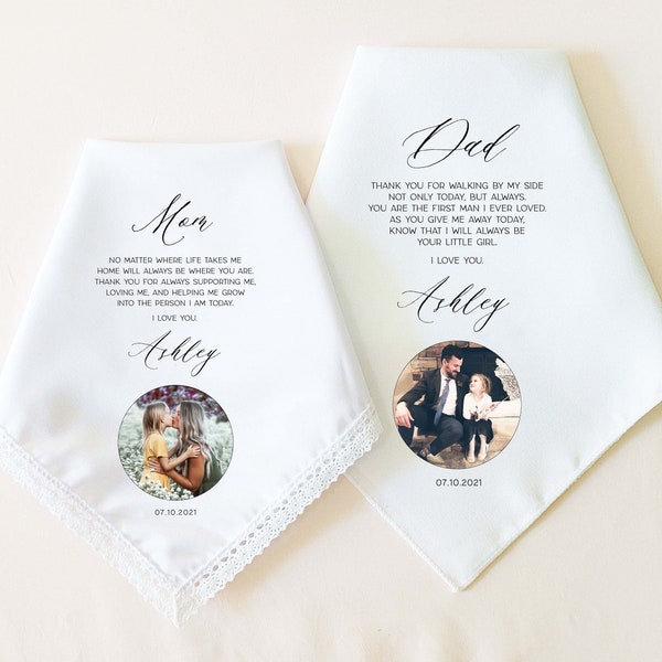 CUSTOM PHOTO Wedding Gift for Parents, Personalized Wedding Handkerchief, Mother of the Bride Gift, Father of the Bride Gift, Parents Gift