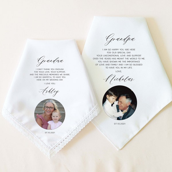 CUSTOM PHOTO Grandma Wedding Gift, Grandpa Gift, Grandmother of the Bride or Groom, Personalized Wedding Handkerchief Gift for Grandparents