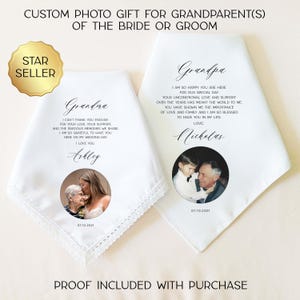 CUSTOM PHOTO Grandma Wedding Gift, Grandpa Gift, Grandmother of the Bride or Groom, Personalized Wedding Handkerchief Gift for Grandparents