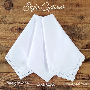 May include: Three white handkerchiefs with different lace trim styles: straight lace, lock stitch, and scalloped lace.  Style Options is written at the top of the image.