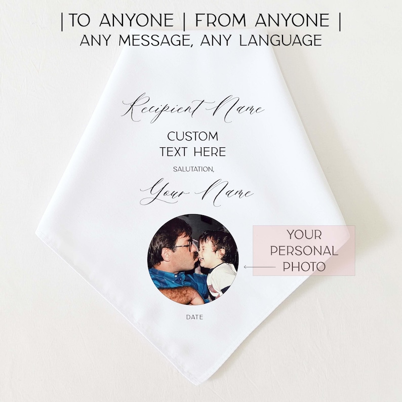 May include: White handkerchief with custom text and a photo. The text reads "| TO ANYONE | FROM ANYONE | ANY MESSAGE, ANY LANGUAGE" and includes fields for the recipient's name, custom text, salutation, and your name. A photo is in a circular frame.