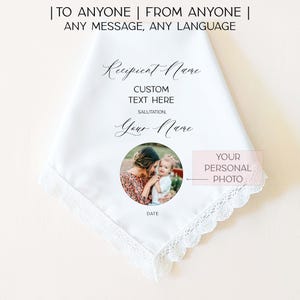 May include: White handkerchief with a delicate lace trim. The handkerchief features custom text and a photo in a circular frame. Text includes "To Anyone, From Anyone, Any Message, Any Language", "Recipient Name", "Custom Text Here", "Salutation", "Your Name", "Your Personal Photo", and "Date".