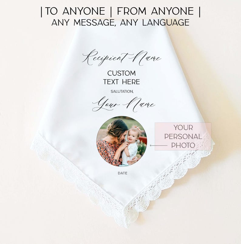 May include: White handkerchief with a delicate lace trim. The handkerchief features custom text and a photo in a circular frame. Text includes "To Anyone, From Anyone, Any Message, Any Language", "Recipient Name", "Custom Text Here", "Salutation", "Your Name", "Your Personal Photo", and "Date".