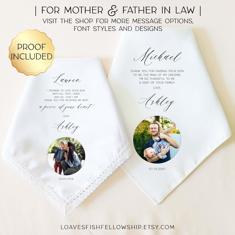 May include: Two white handkerchiefs with personalized text and photos. One is for Lauren and the other for Michael. The handkerchiefs have lace trim and are personalized with dates and names. The text reads "I promise to love your son" and "Thank you for raising your son."