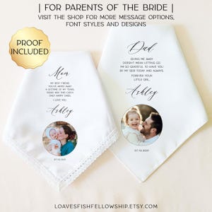 May include: Two white handkerchiefs with lace trim, personalized with text and photos. One says "Mom" and the other says "Dad", with a photo of a baby and a photo of a child with a man. The text includes the name "Ashley" and the date "07.10.2021".