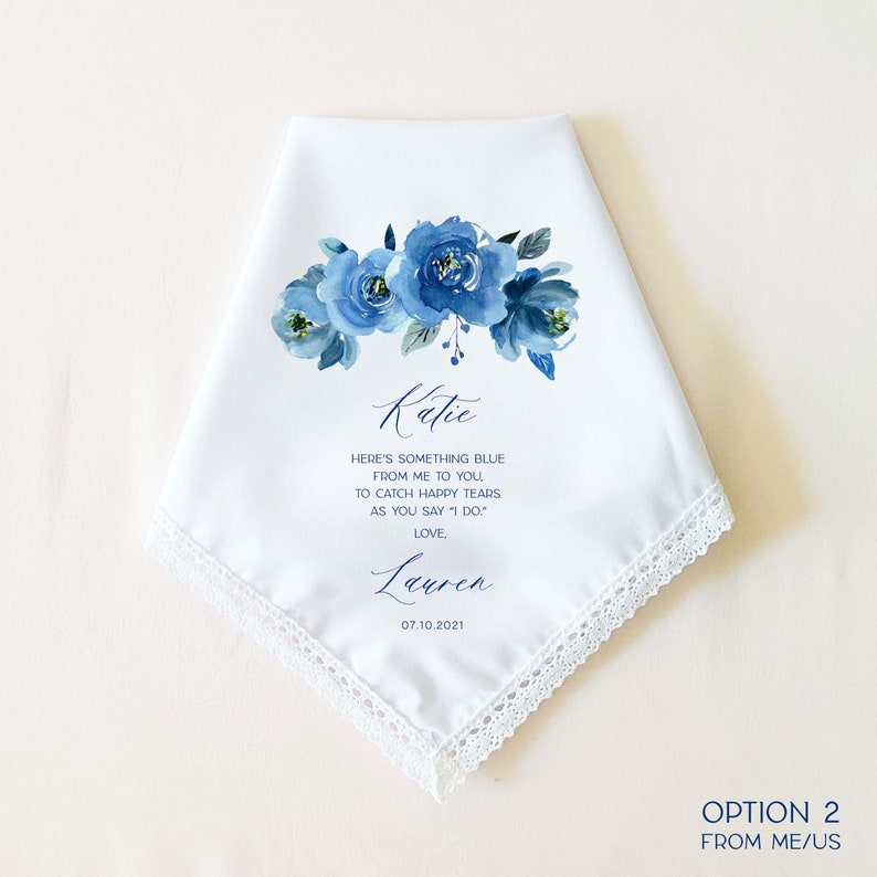 SOMETHING BLUE for Bride Personalized Wedding Handkerchief Gift for Bride, Something Blue Gift for Bridal Shower, Gift for Bride to Be Option 2 Me/Us