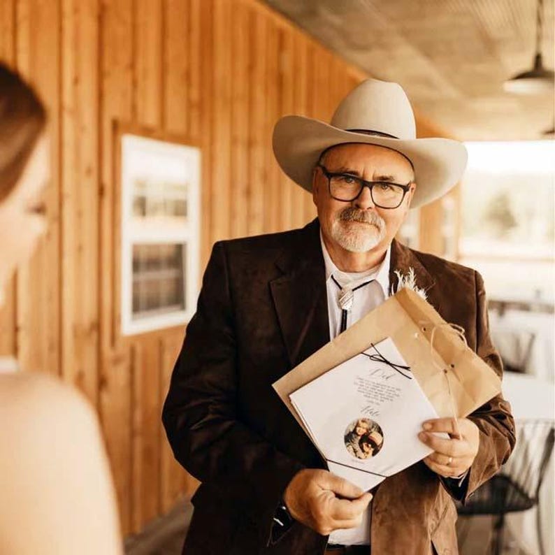 May include: A man wearing a cowboy hat, glasses, and a brown suit jacket holds a brown paper bag and a white card with a photo. The man is standing in front of a wooden wall.