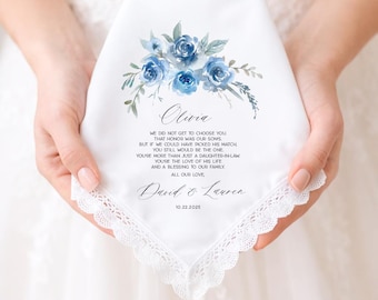 Daughter in Law Wedding Gift: Personalized Daughter in Law Wedding Handkerchief, Something Blue for Bride, Wedding Gift for Daughter in Law