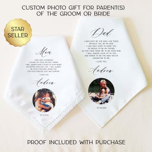 CUSTOM PHOTO Wedding Gift for Parents of the Groom, Personalized Wedding Handkerchief, Mother of the Groom Gift, Father of the Groom Gift