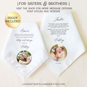 May include: Two white handkerchiefs with personalized text and photos. One features the name "Lauren" and the other "Justin." Both include a photo and the date "07.10.2021." The handkerchiefs have a lace trim.
