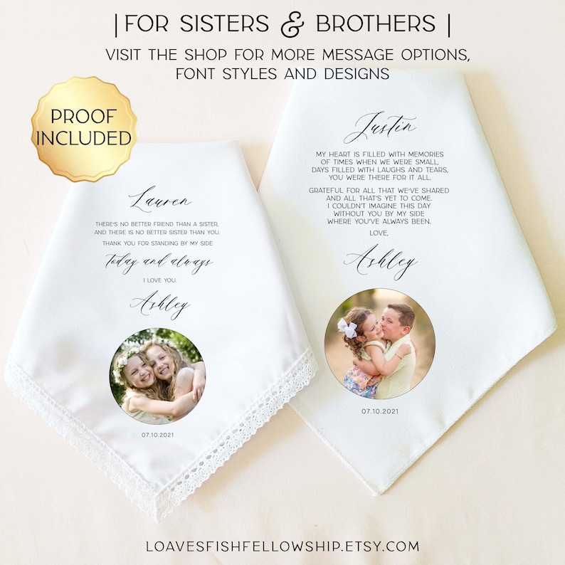 May include: Two white handkerchiefs with personalized text and photos. One features the name "Lauren" and the other "Justin." Both include a photo and the date "07.10.2021." The handkerchiefs have a lace trim.