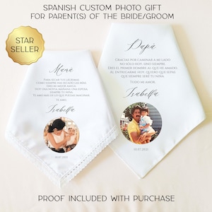 CUSTOM PHOTO ESPAGNOL Cadeau pour la mère de la mariée, Cadeau pour le père de la mariée, mouchoir de mariage, Pañuelo de Boda Para los Padres de la Novia