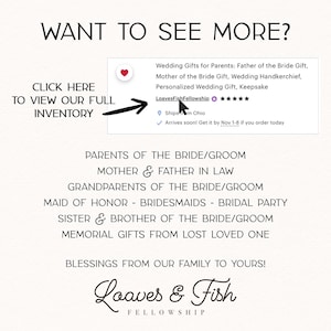May include: White background with text: "WANT TO SEE MORE?" and "CLICK HERE TO VIEW OUR FULL INVENTORY." Lists wedding gift ideas, including gifts for parents, keepsakes, and bridal party. The Loaves & Fish Fellowship logo is at the bottom.