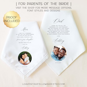 May include: Two white handkerchiefs with personalized messages and photos, one for Mom and one for Dad. Each handkerchief has a photo in a circular frame and decorative lace trim. The text includes the date 07.10.2021.