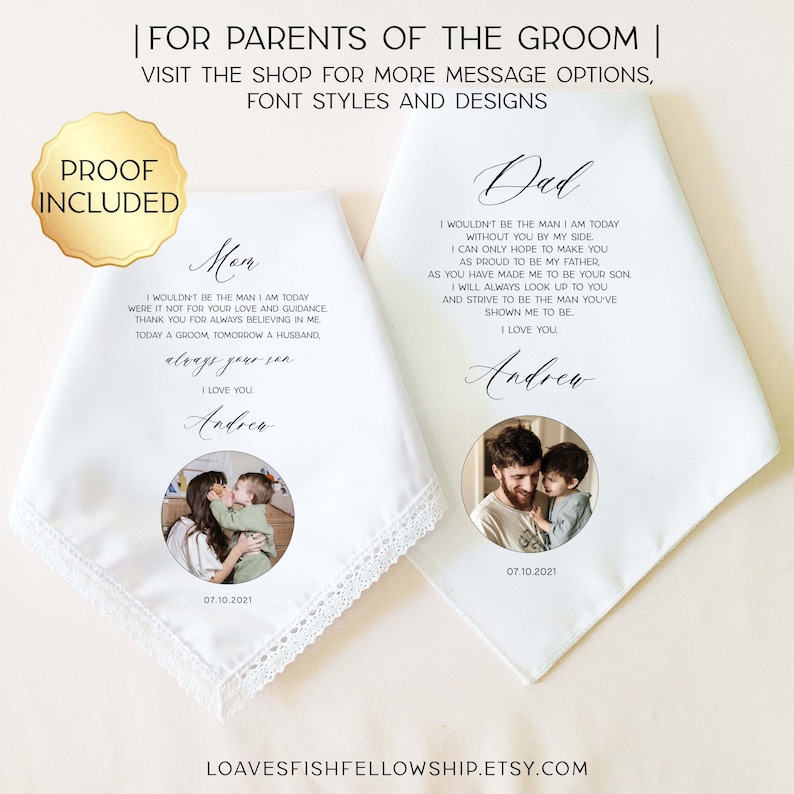 May include: Two white handkerchiefs with lace trim, personalized with text and photos. One says "Mom" and the other "Dad", with a message and the name "Andrew". The date "07.10.2021" is printed on each.