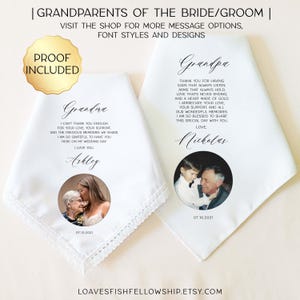 May include: Two white handkerchiefs with lace trim, personalized with text and photos. One says "Grandma" and the other "Grandpa", with heartfelt messages and names. The date "07.10.2021" is printed on each.