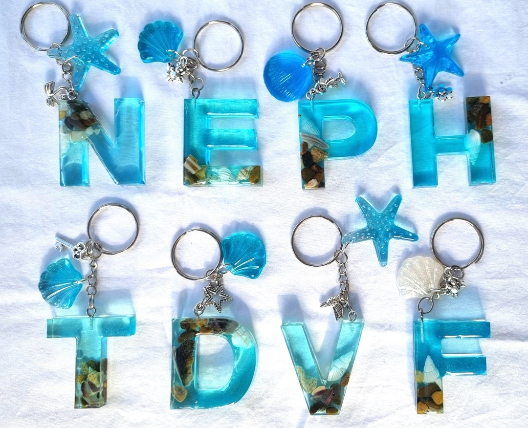 Resin Beach Key Chain Letters Alphabet Silver Name Key Ring Kids School ...