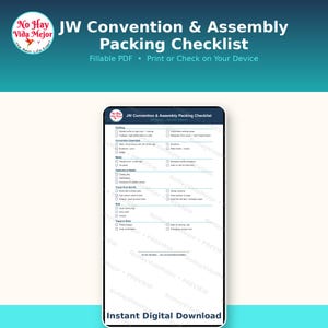 May include: A digital JW Convention & Assembly Packing Checklist displayed on a smartphone screen. The document features categories including Clothing, Essentials, Meals, Toiletries, First Aid, Kids, and Travel, with checkboxes for each item.