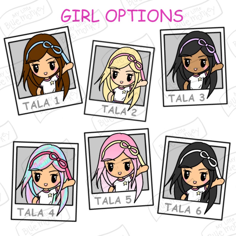 Puede incluir: Seis ilustraciones de chicas de dibujos animados en marcos estilo Polaroid. Cada chica tiene diferente color y estilo de cabello, usando una camisa blanca con una estrella y un lazo. El texto "GIRL OPTIONS" est&aacute; encima de las im&aacute;genes.