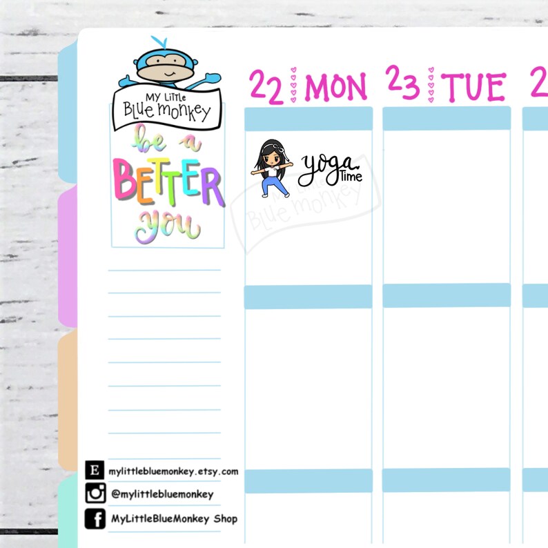 Puede incluir: Una p&aacute;gina de planificador con un logotipo de mono azul y el texto "be a BETTER you". La p&aacute;gina incluye una pegatina de "yoga time" y los d&iacute;as de la semana. El planificador tiene un fondo blanco con acentos azules, rosas y morados.