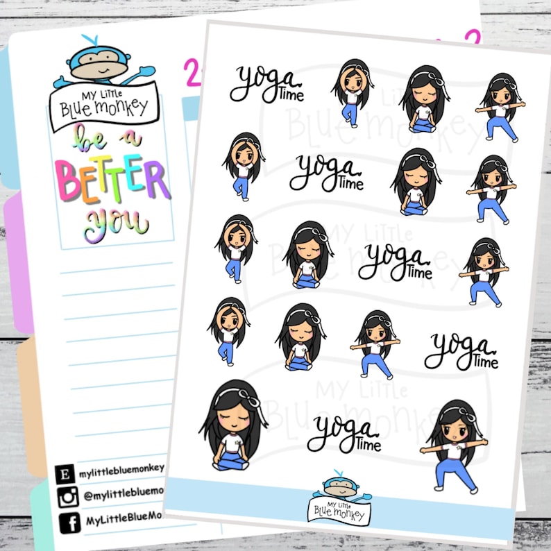 Puede incluir: Dos hojas de pegatinas con tem&aacute;tica de yoga. Una hoja presenta un logotipo de mono azul y el texto "be a BETTER you" en letras coloridas. La otra hoja tiene ilustraciones de una mujer en posturas de yoga y las palabras "yoga time".