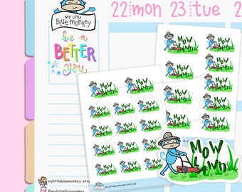 Blue Monkey Lawn Mower Stickers - Gardening Stickers, Spring Time Stickers - Planner Stickers (MBM010)