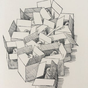 Jules Stauber, 'Männer in Pappkartons' (Hombres en cajas de cartón), grabado original firmado, 1984