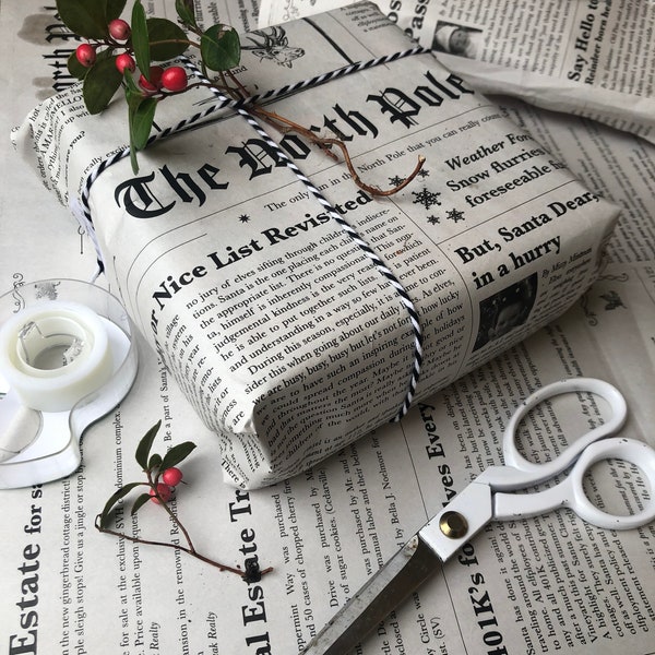 eco-friendly black and white Christmas wrapping paper sheets from the North Pole Newspaper perfect gift from Santa on Christmas RECYCLED