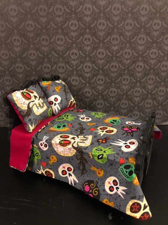 Day Of The Dead Dia De Los Muertos Skull Gray Red Multi Color Doll Bedding In 1 12 Scale