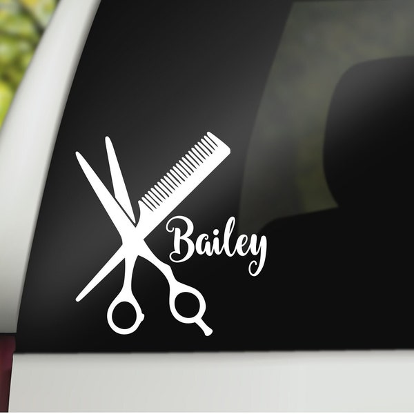 Hairstylist Scissors Decal, Beautician Decal, Salon Mirror Decal, Vinyl Name Decal