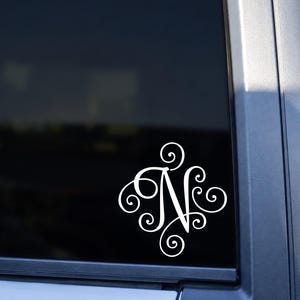 May include: A white vinyl decal featuring a stylized capital letter N surrounded by intricate, symmetrical scrollwork and flourishes. The design is applied to the dark tinted glass of a vehicle window, creating a high-contrast graphic display.