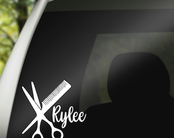 Hairstylist Scissors Decal, Beautician Decal, Salon Mirror Decal, Vinyl Name Decal