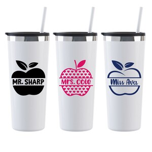 Personalized Apple Teacher Tumbler, Stainless Steel Cup with Straw, Teacher Appreciation Gift